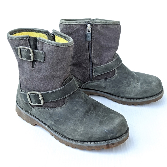 UGG Harwell Bomber youth gray suede buckle moto boots
